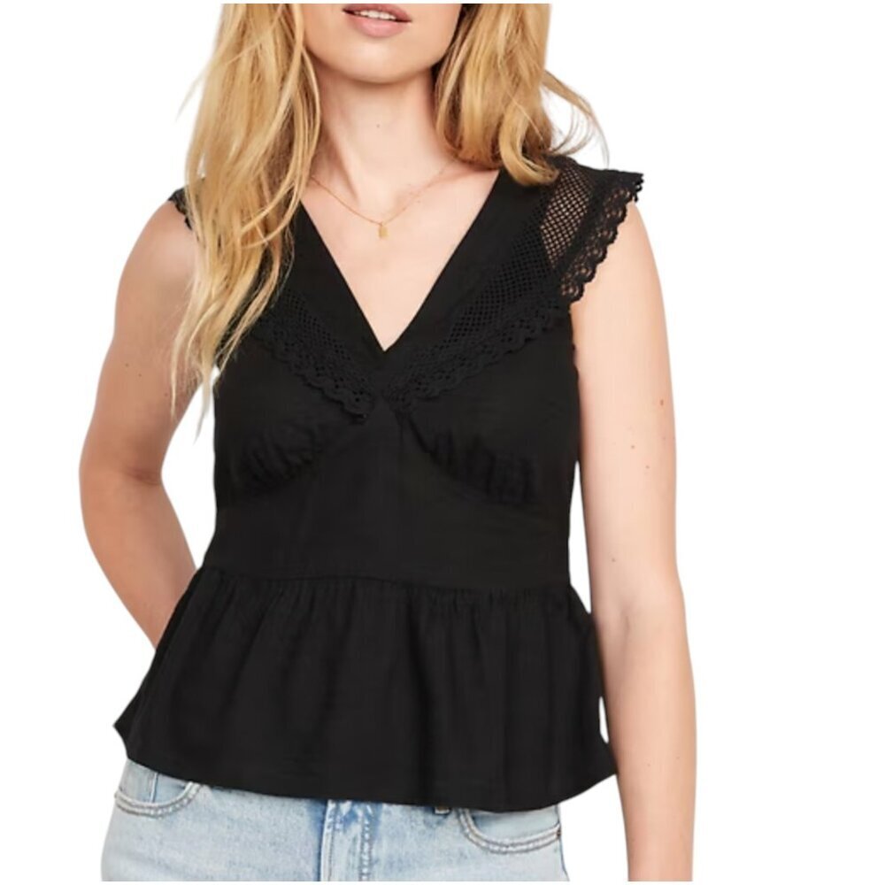 Flutter Sleeve Crochet Lace Tie-Back Top Old Navy Black Medium - Picture 3 of 5